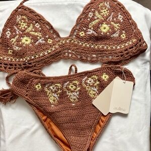 Aralina Tan Crochet Bikini 2-Piece Swimsuit Floral Festival Boho Beachy XS NWT